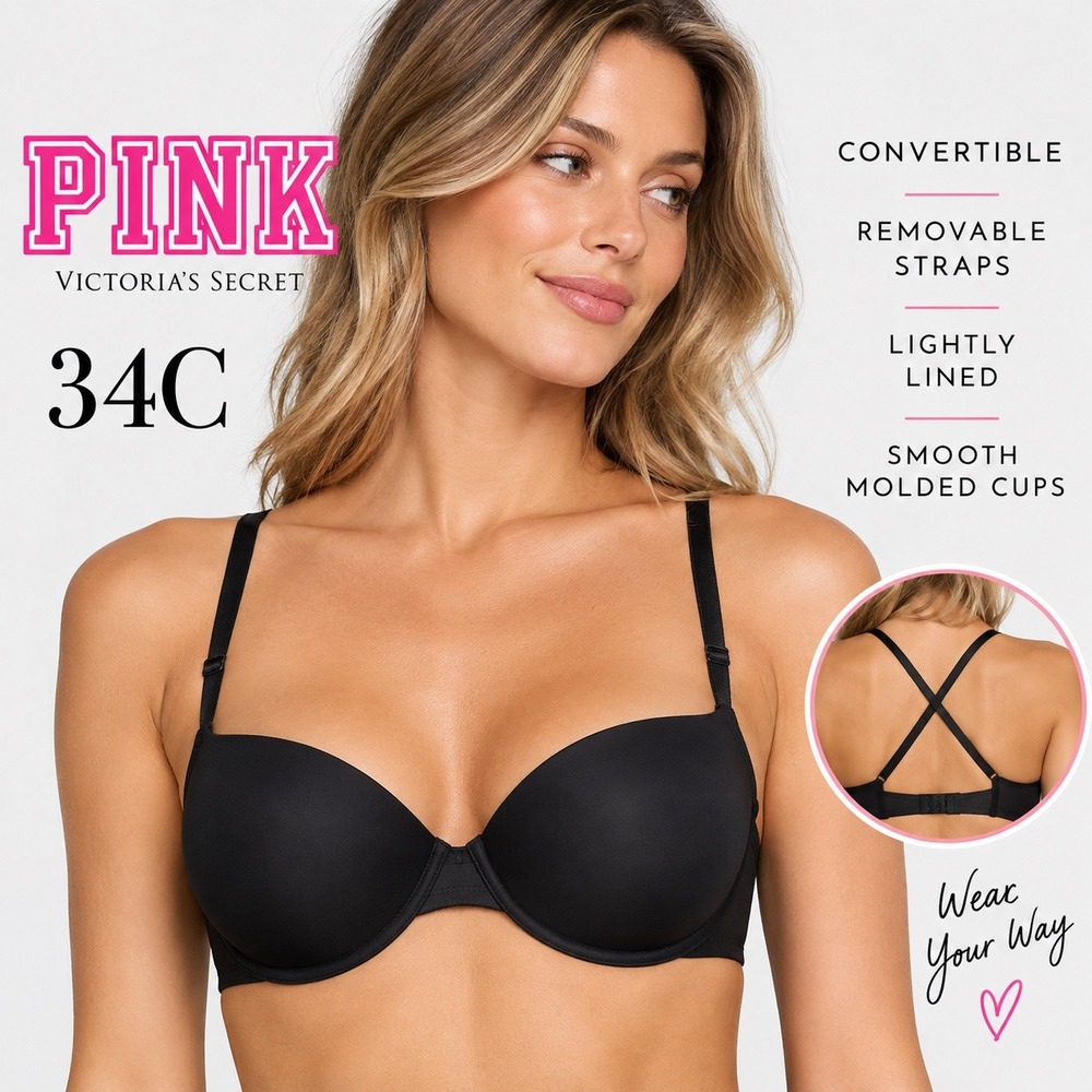 Victoria's Secret PINK Bra Women 34C Black Strapless Convertible Lightly Lined